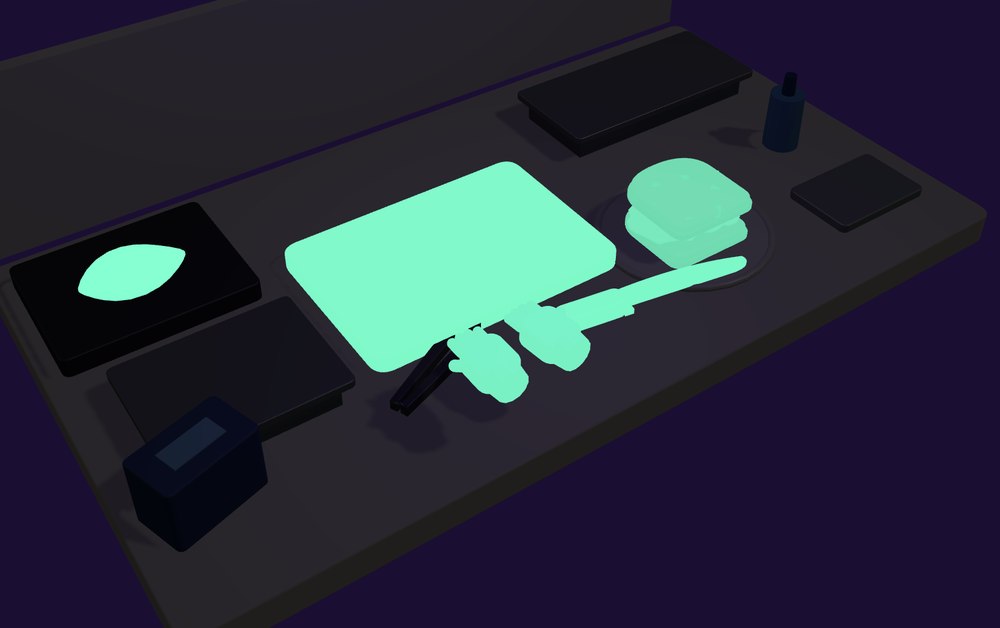 A deli station under UV light, contamination glowing