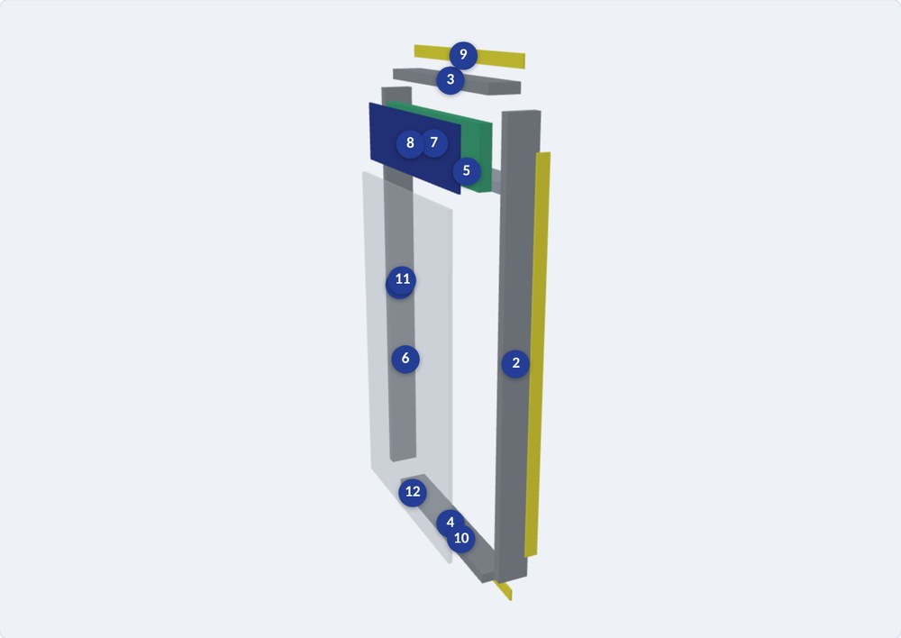 An exploded 3D window unit with numbered parts